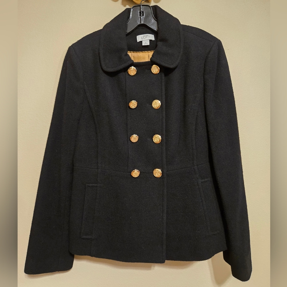 Ann Taylor Black Pea Coat Wool Blend  Size 8 EUC